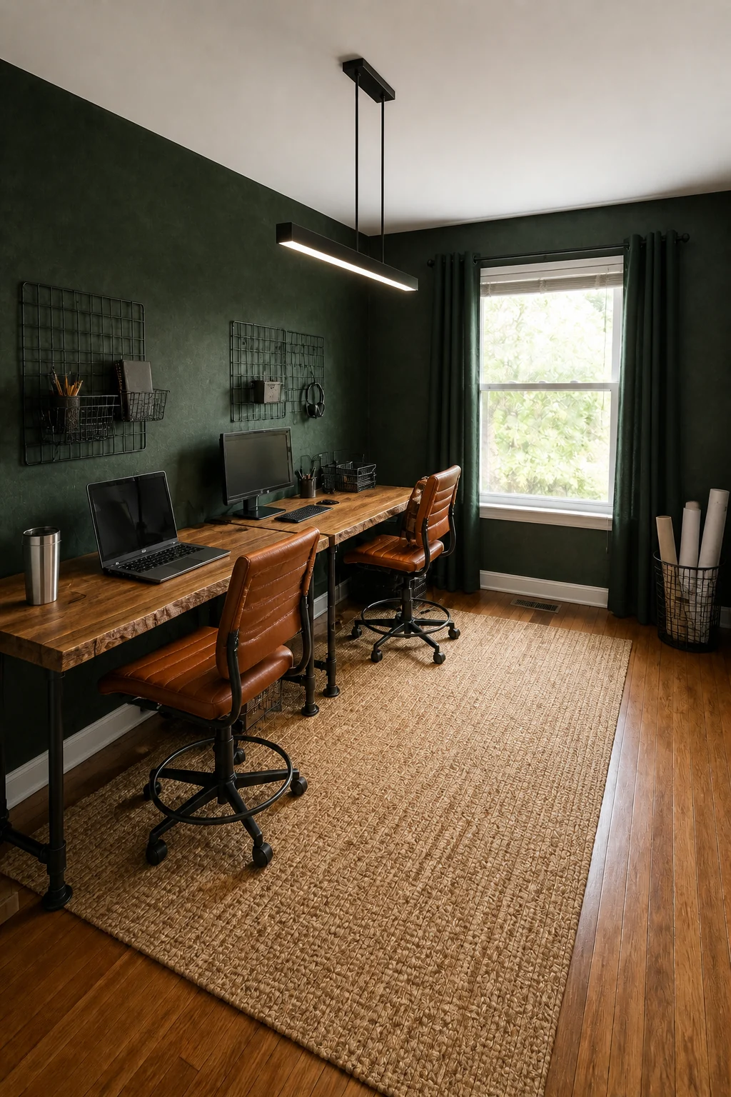 The same room styled as Forest & Cognac Industrial