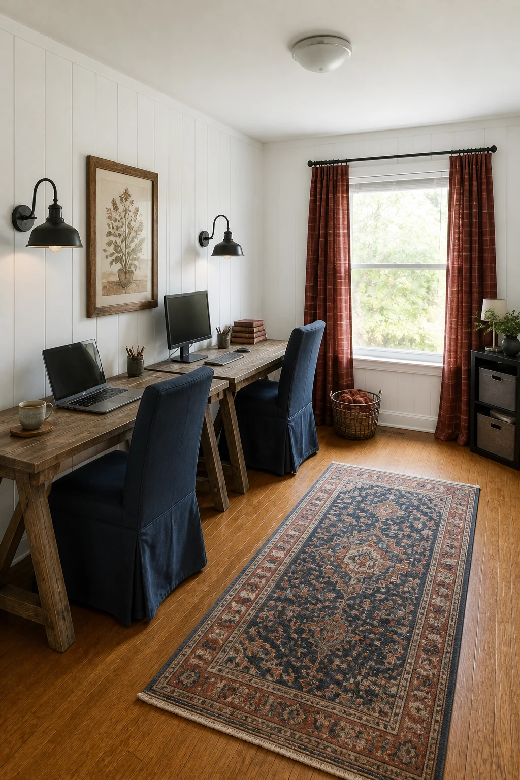 The same room styled as Rust & Indigo Farmhouse