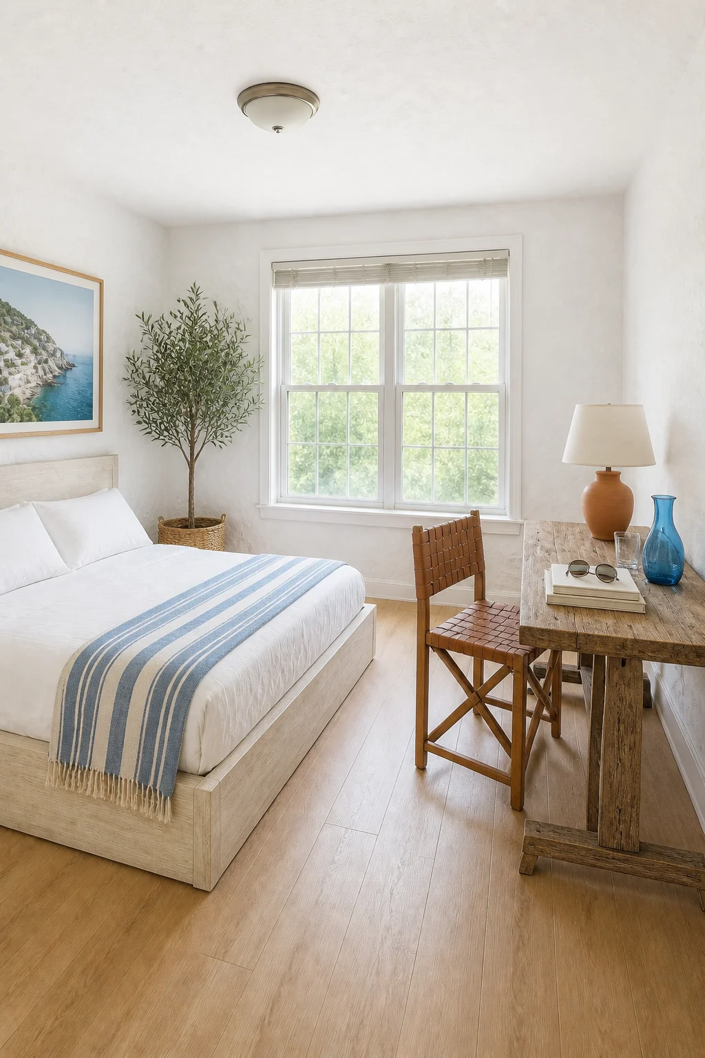 The same room styled as Mediterranean Coastal