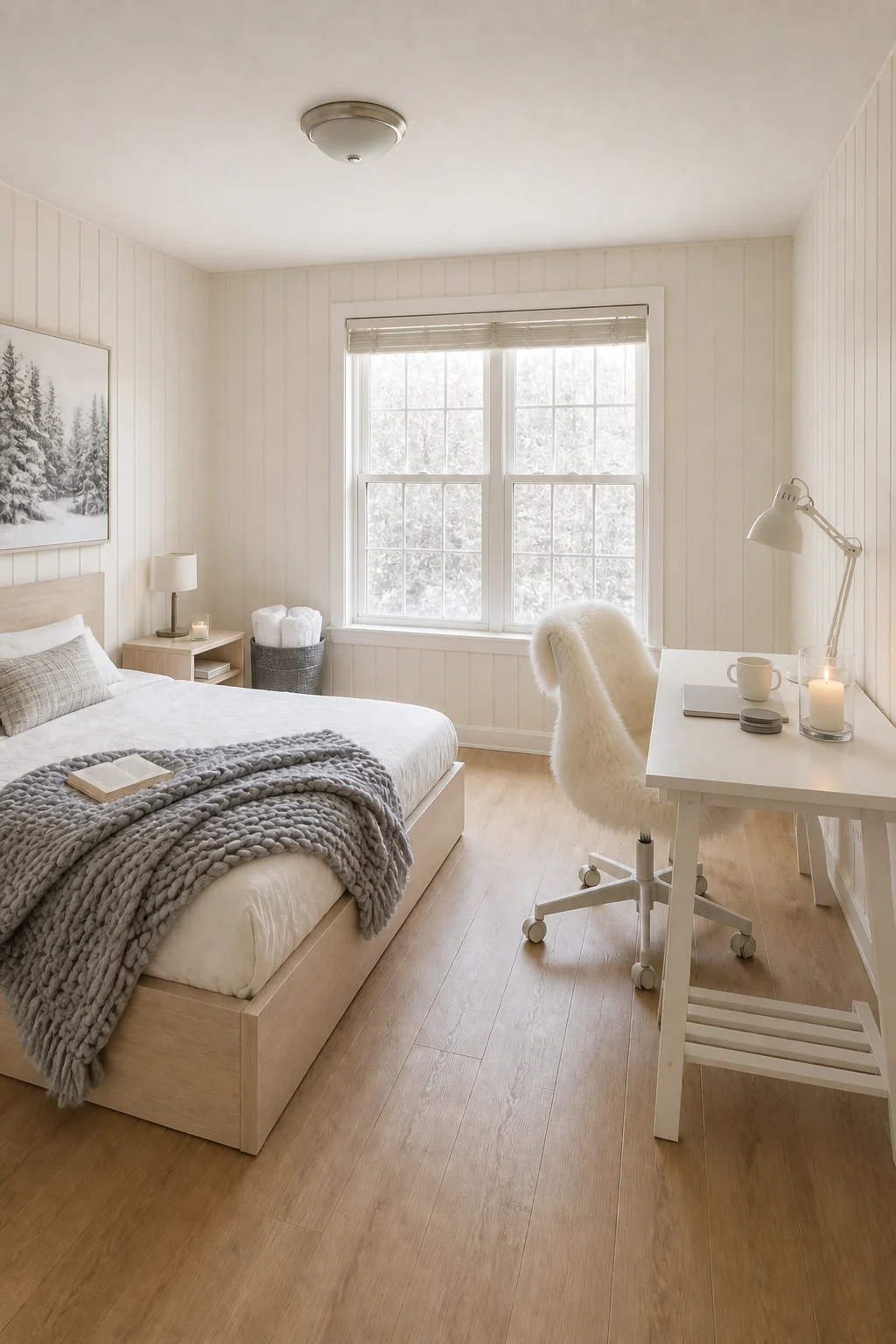 The same room styled as Scandinavian Hygge