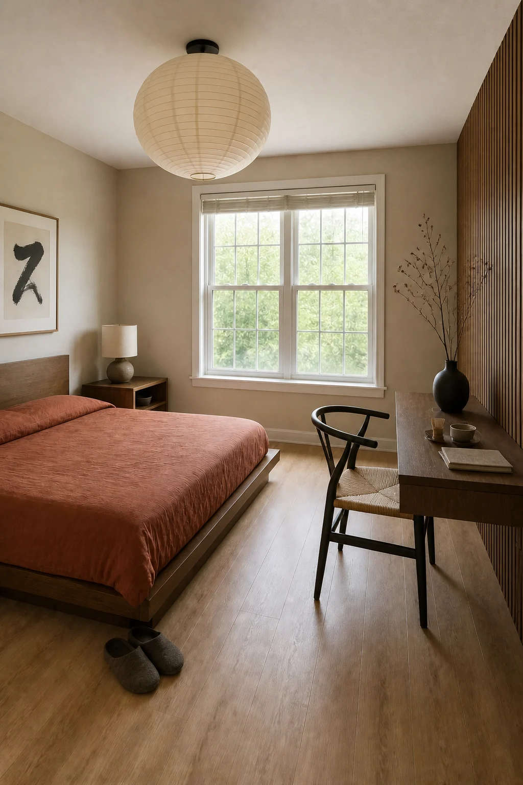 The same room styled as Earthy Japandi