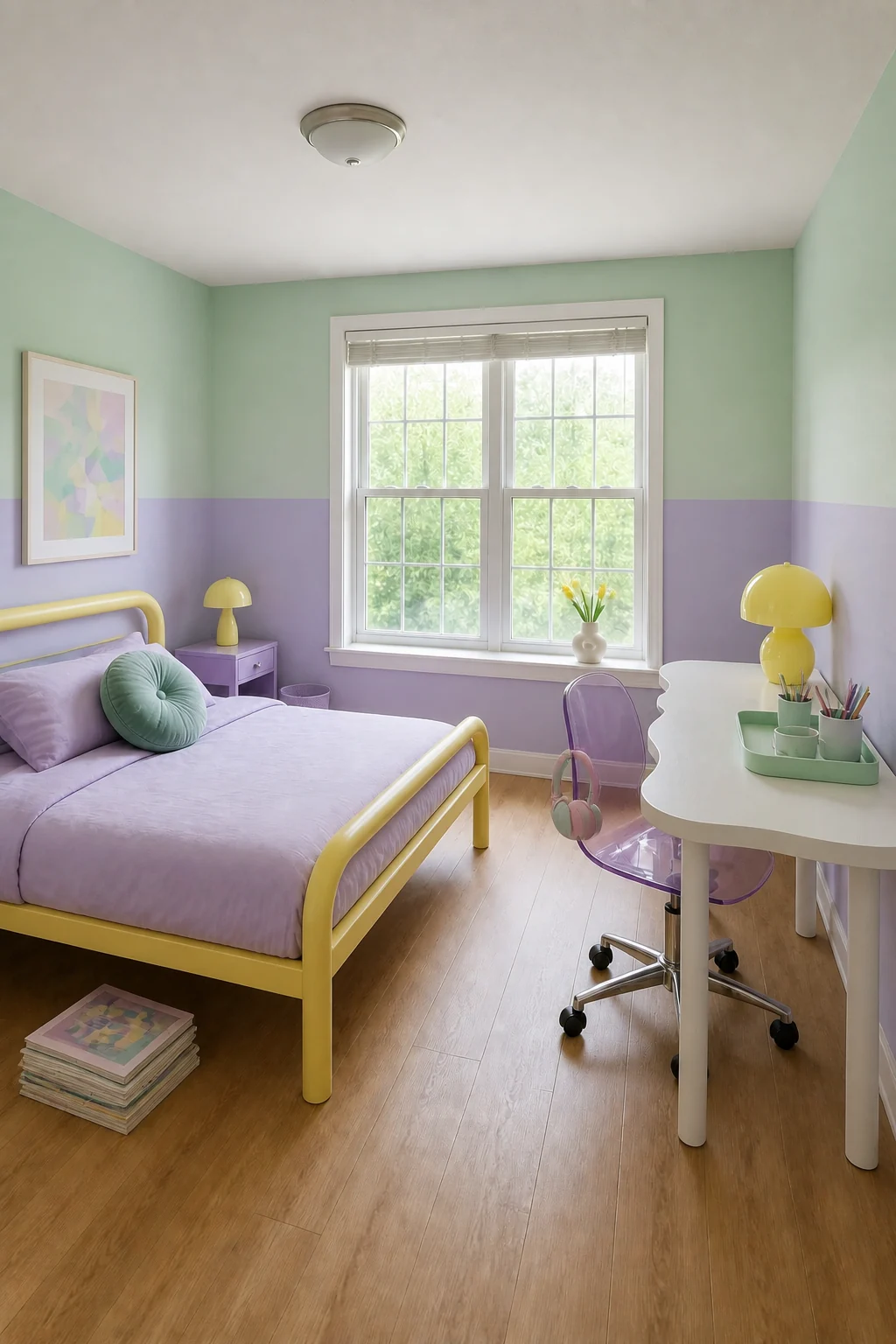 The same room styled as Pastel Postmodern