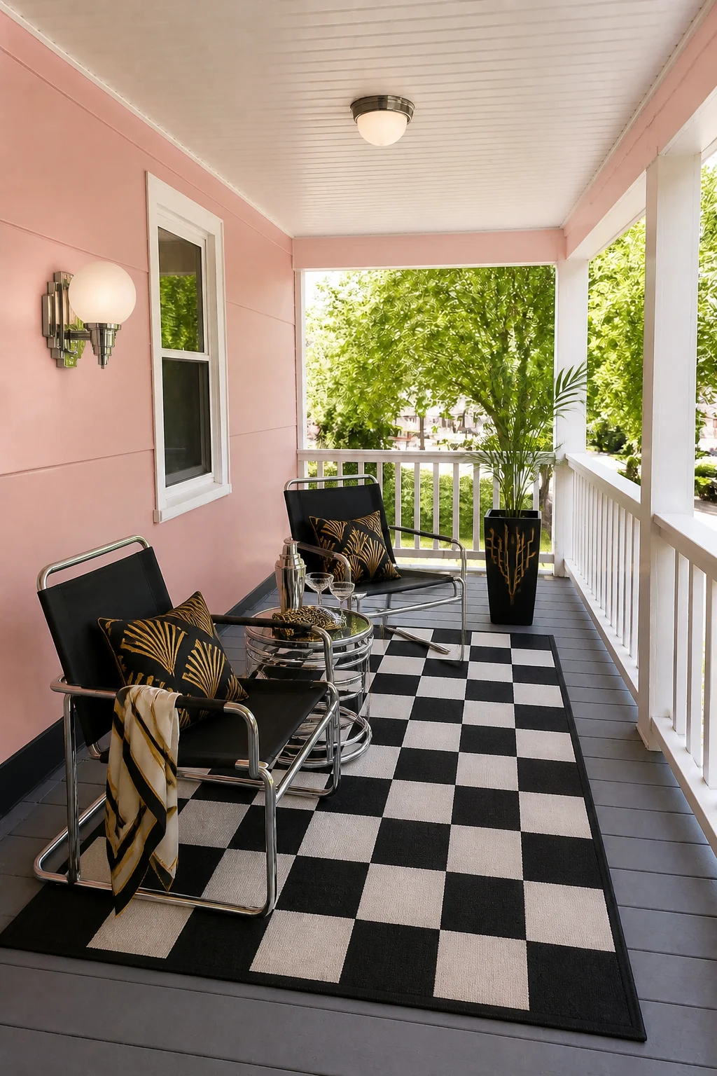 The same room styled as 1920s Art Deco