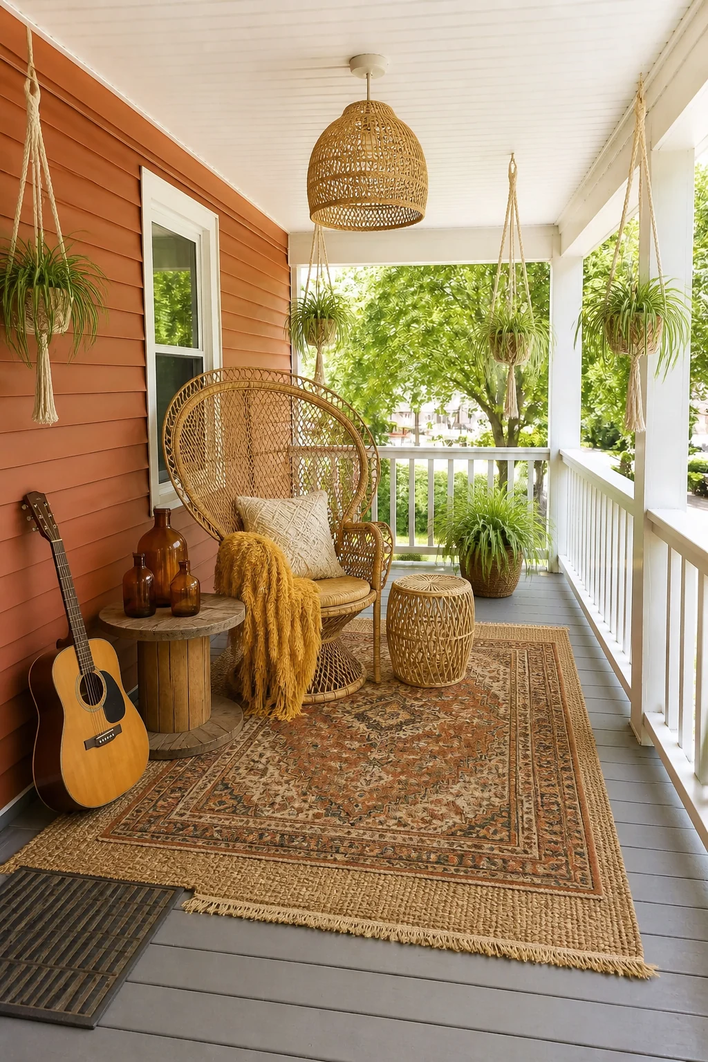 The same room styled as 1970s Bohemian