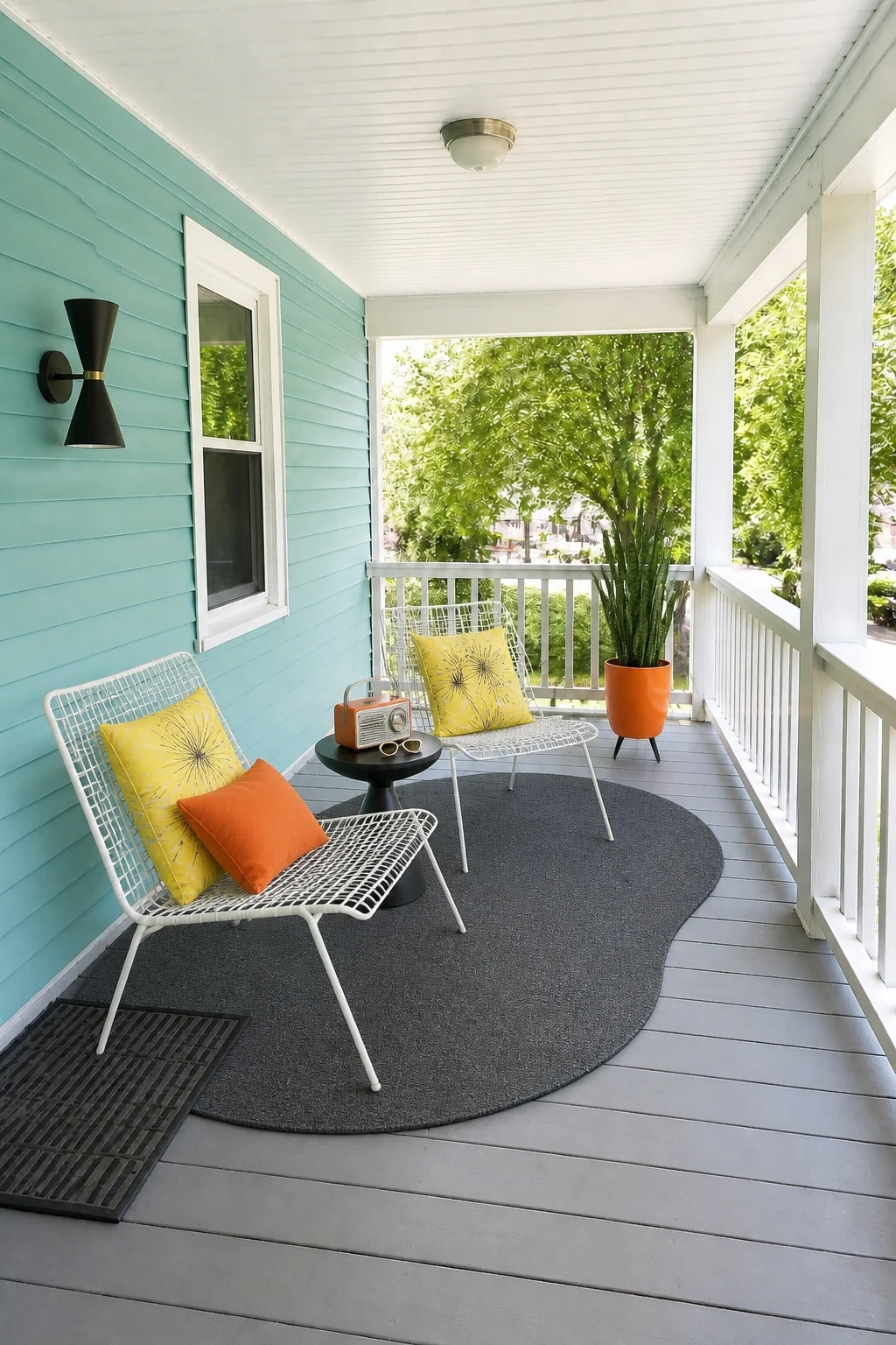 The same room styled as 1950s Mid-Century