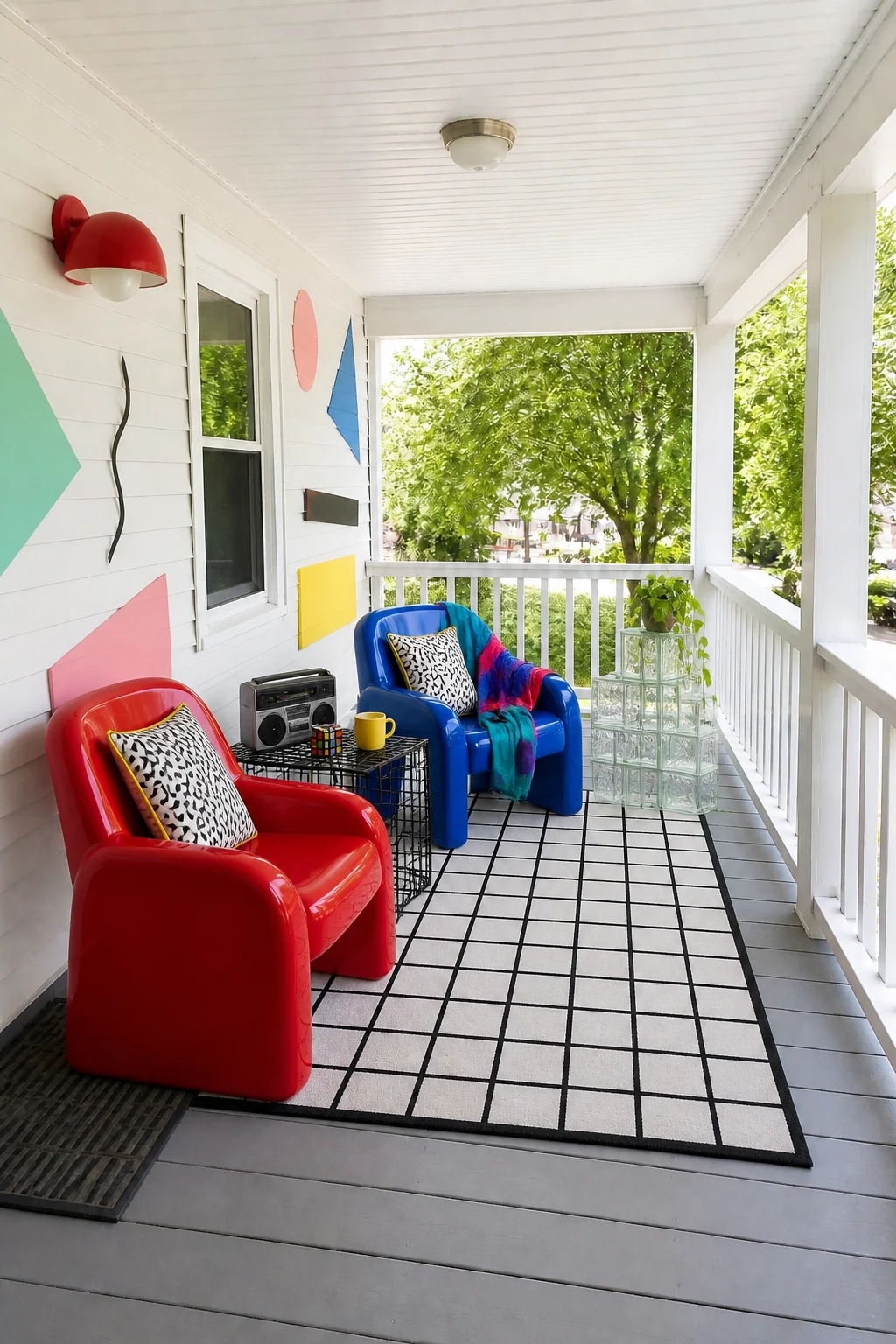 The same room styled as 1980s Postmodern