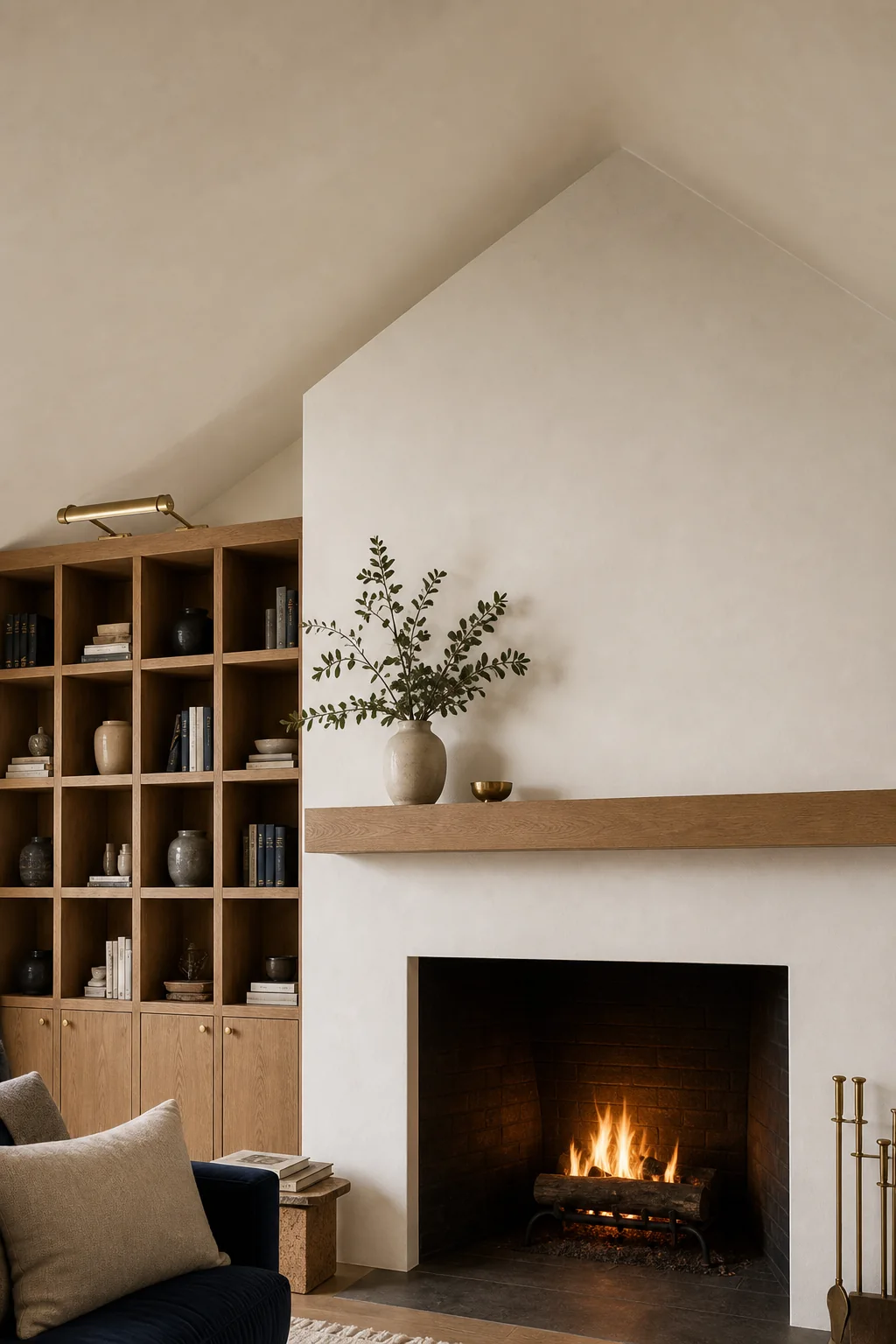Anchoring the room with a gabled silhouette in the finished living room