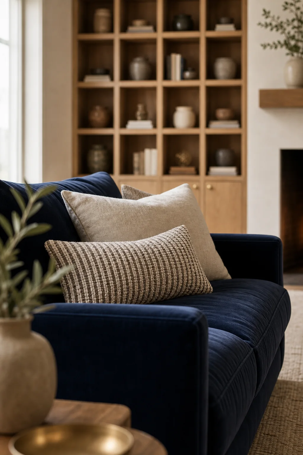 Balancing warm oak with midnight blue in the finished living room