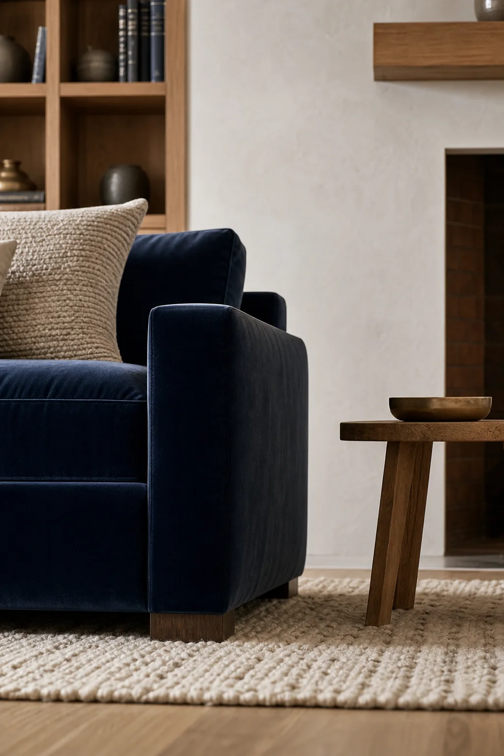Grounding the space with deep velvet in the finished living room