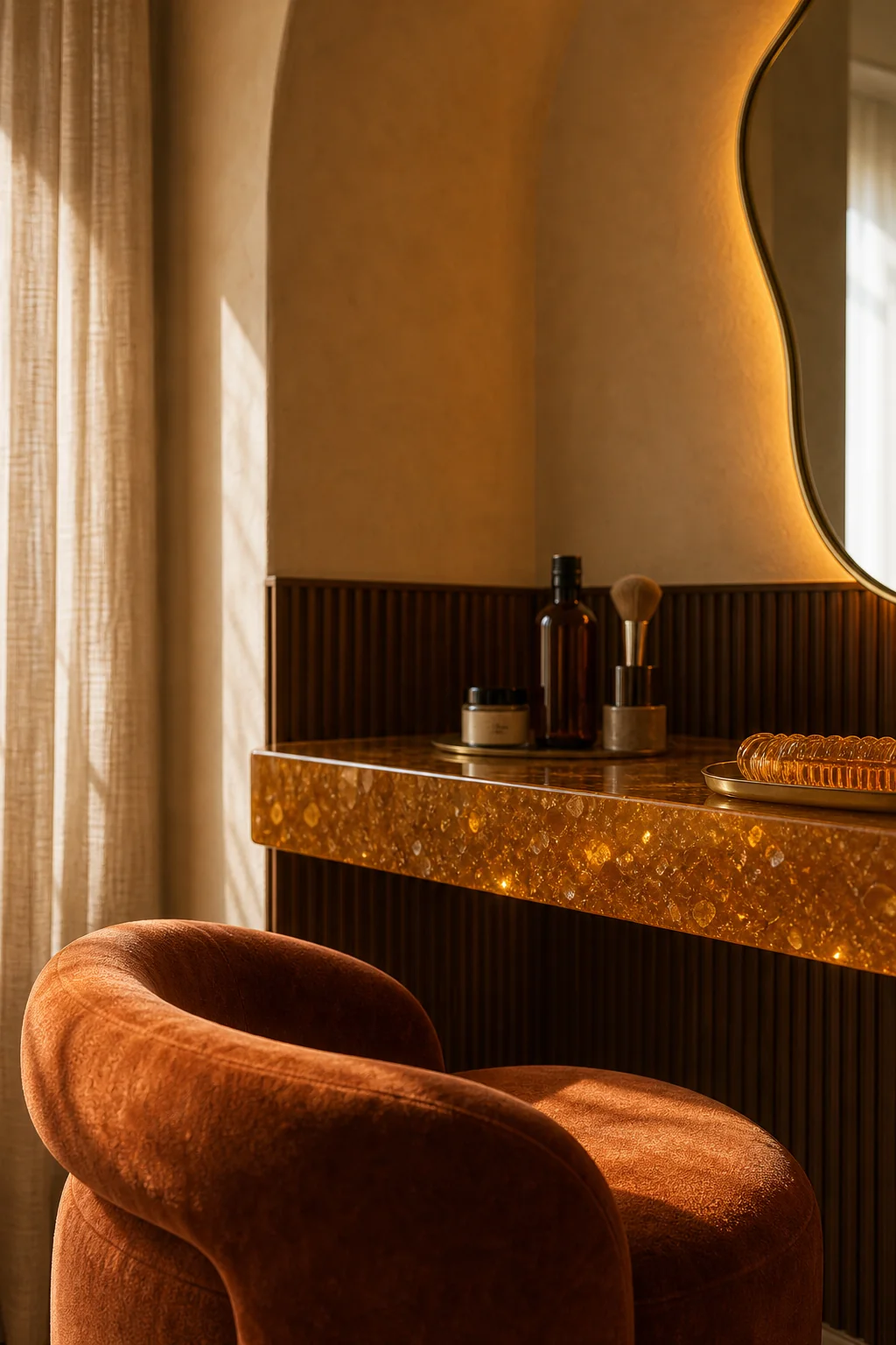 Capturing the backlit amber glow in the finished bedroom vanity nook