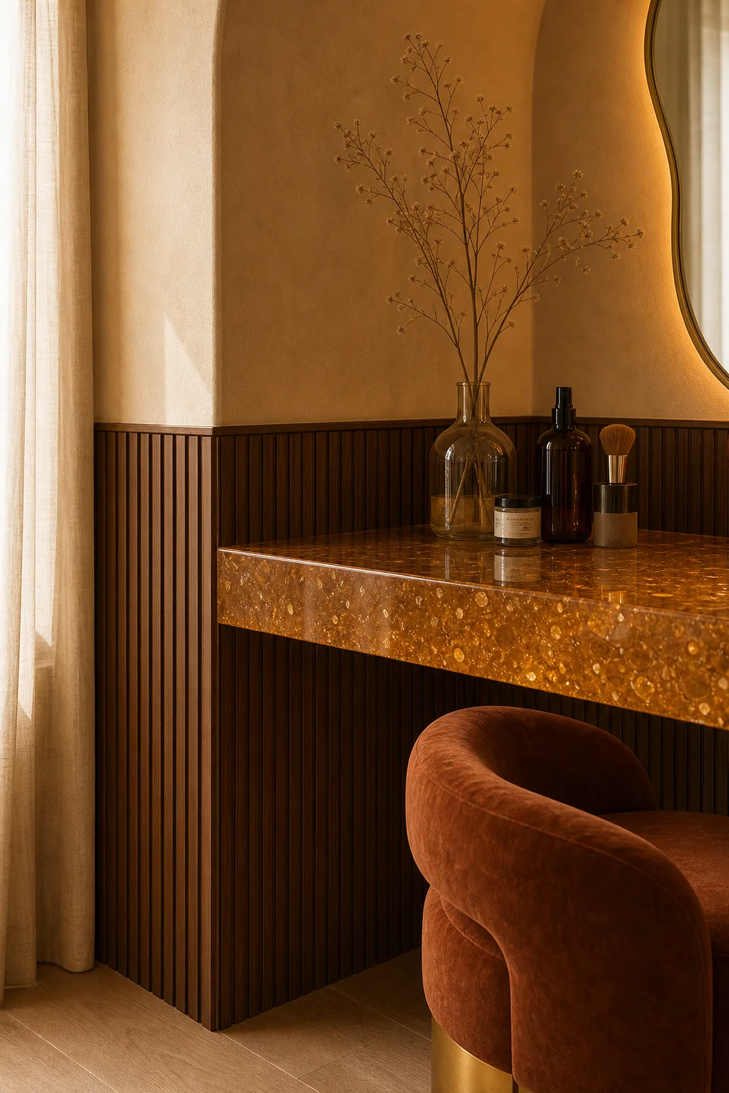Grounding the nook with rhythmic structure in the finished bedroom vanity nook