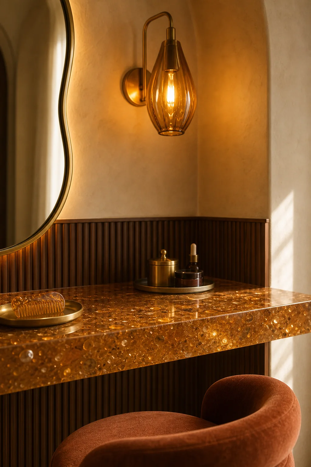 Polished surfaces against matte shells in the finished bedroom vanity nook