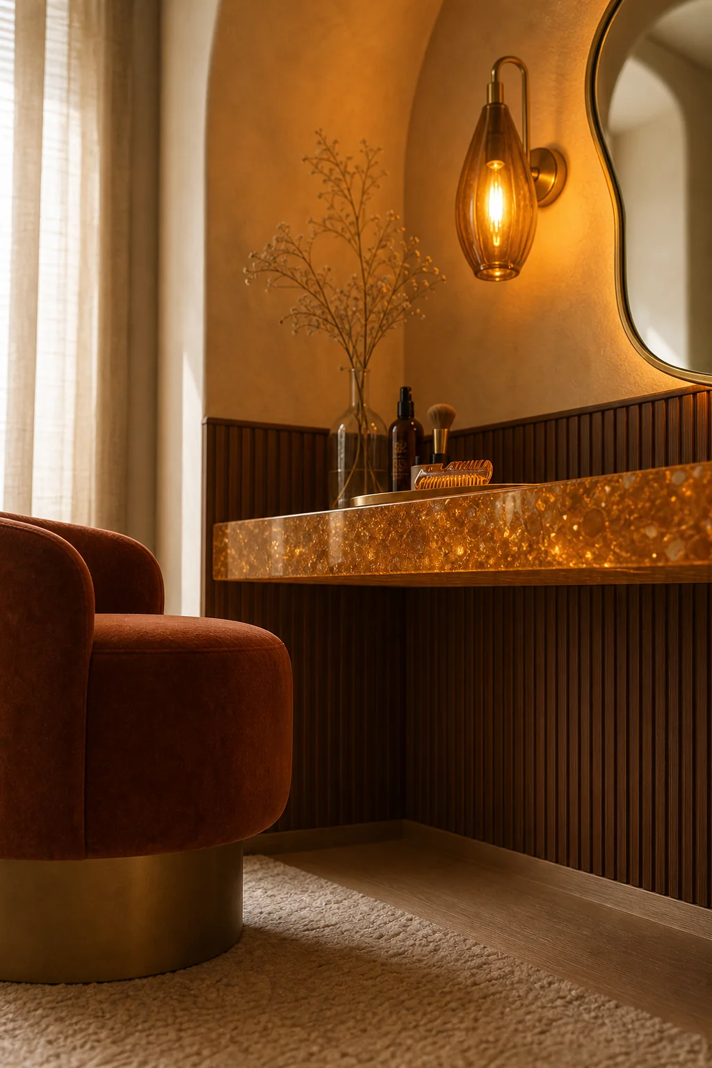 Diffusing the golden light in the finished bedroom vanity nook