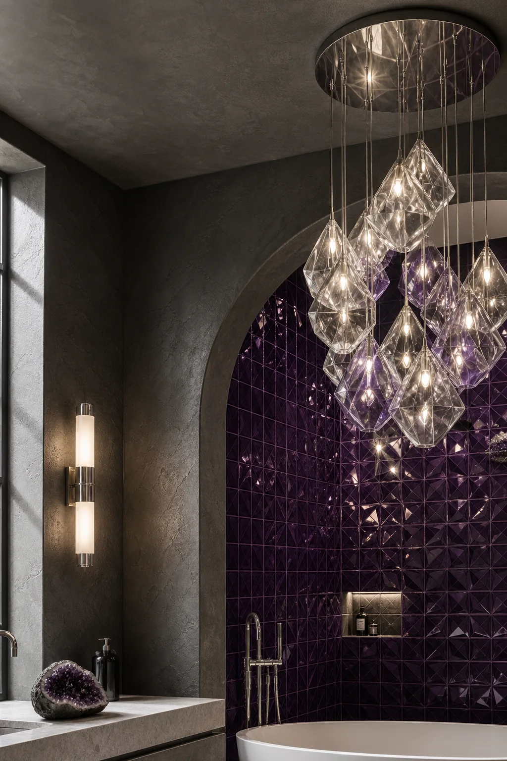 Contrasting Crystalline and Matte Surfaces in the finished primary bathroom
