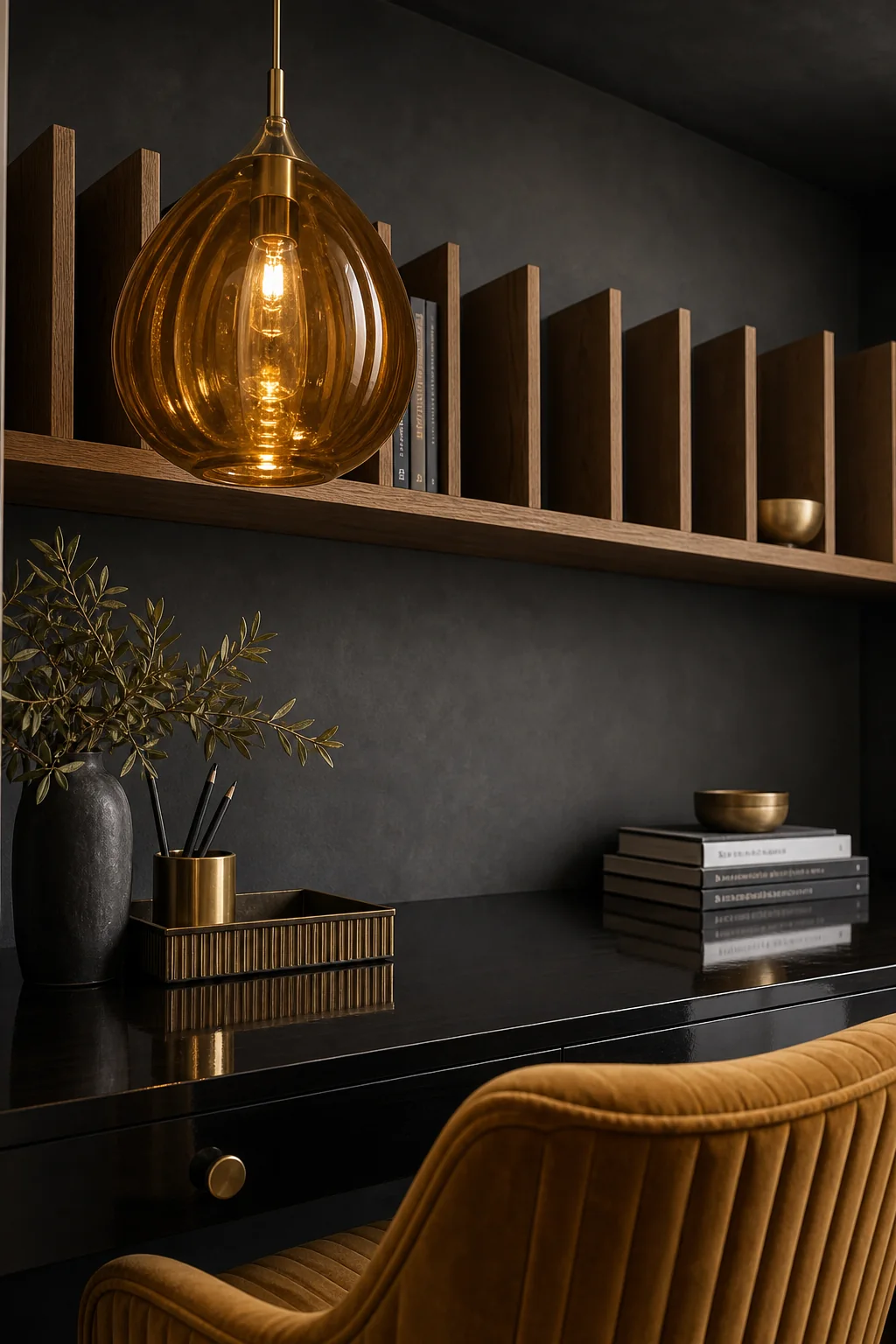 Contrasting polished and ribbed surfaces in the finished study nook