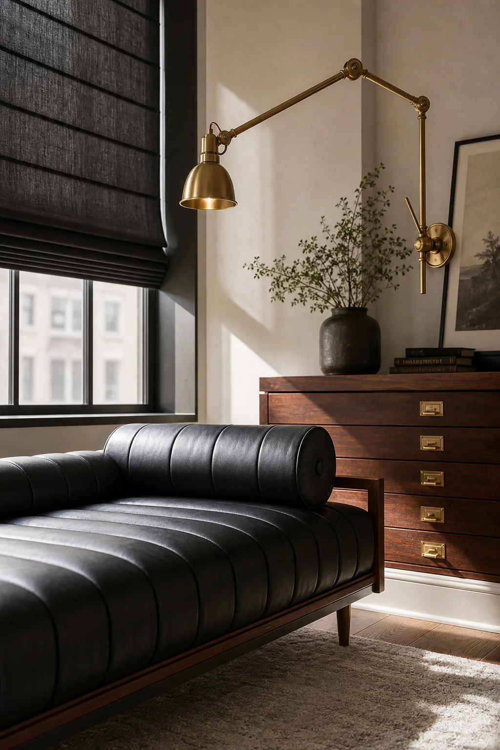 Translating Tactile Leather and Wood in the finished artist studio room