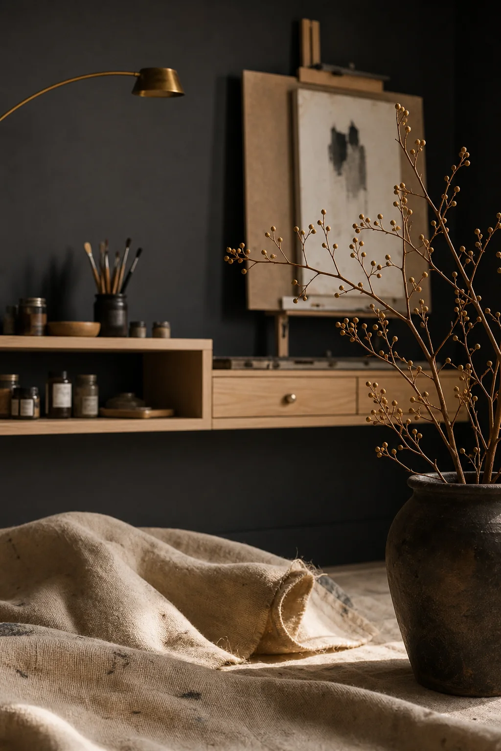 Silhouetted Warmth Against Matte Charcoal in the finished artist easel nook