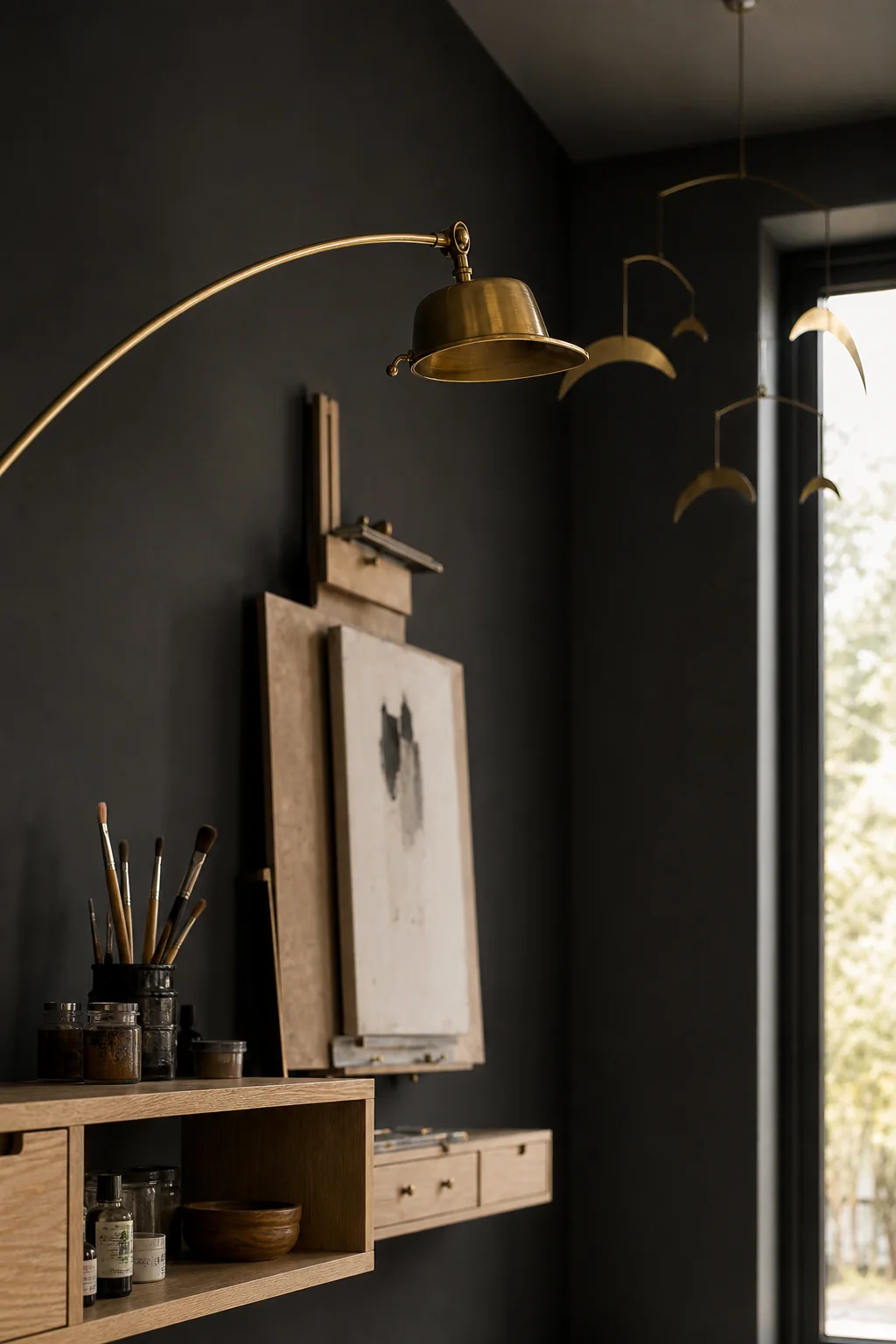 Contrasting Rigid Brass with Woven Canvas in the finished artist easel nook