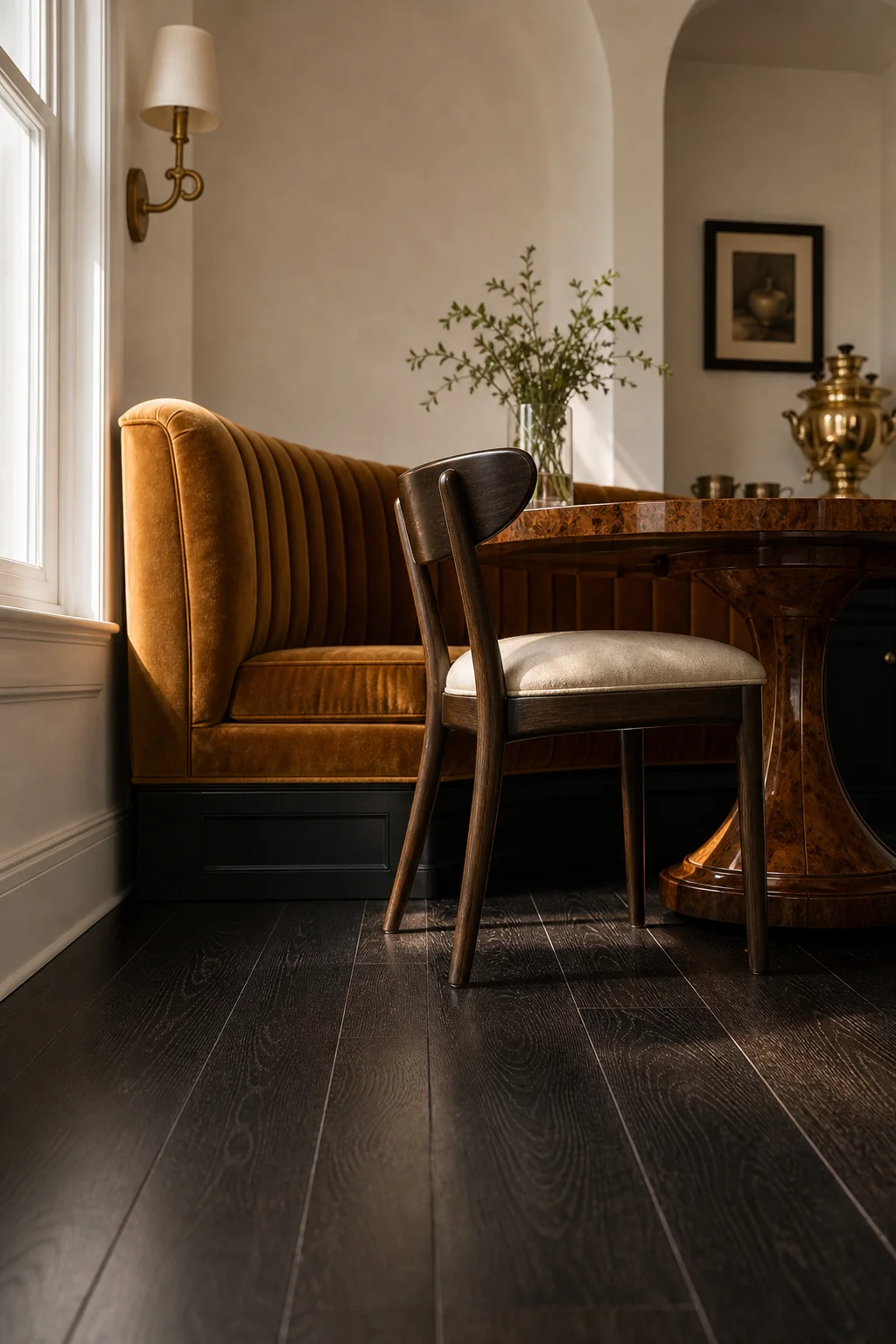 Anchoring the bright metals in the finished breakfast room