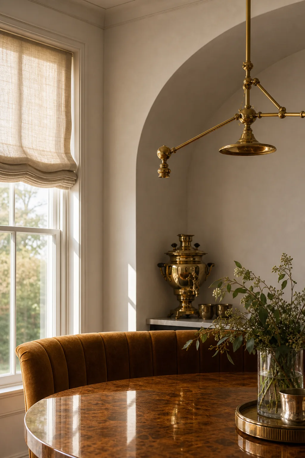 Balancing high-gloss reflection with matte linen in the finished breakfast room