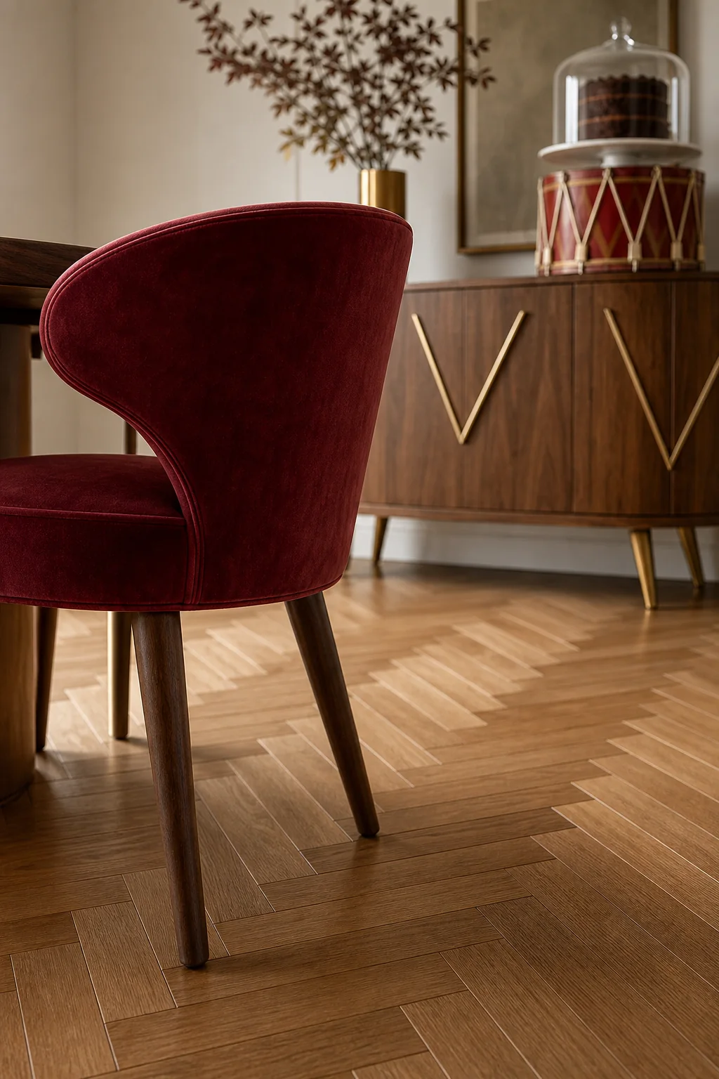 A Closer Look at the Crimson Velvet in the finished dining room