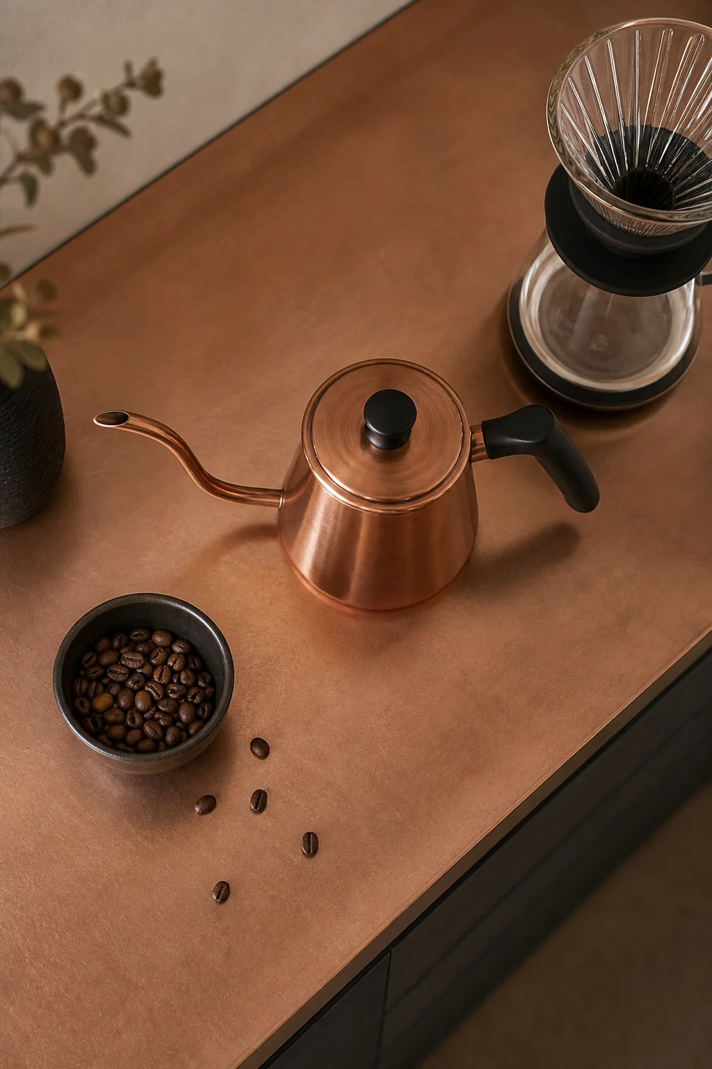 Tracing the sweeping gooseneck arc in the finished coffee bar station