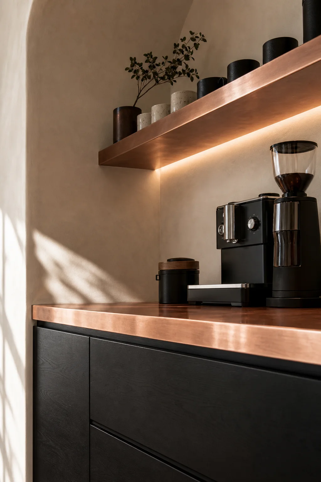 Grounding the glow with matte contrast in the finished coffee bar station