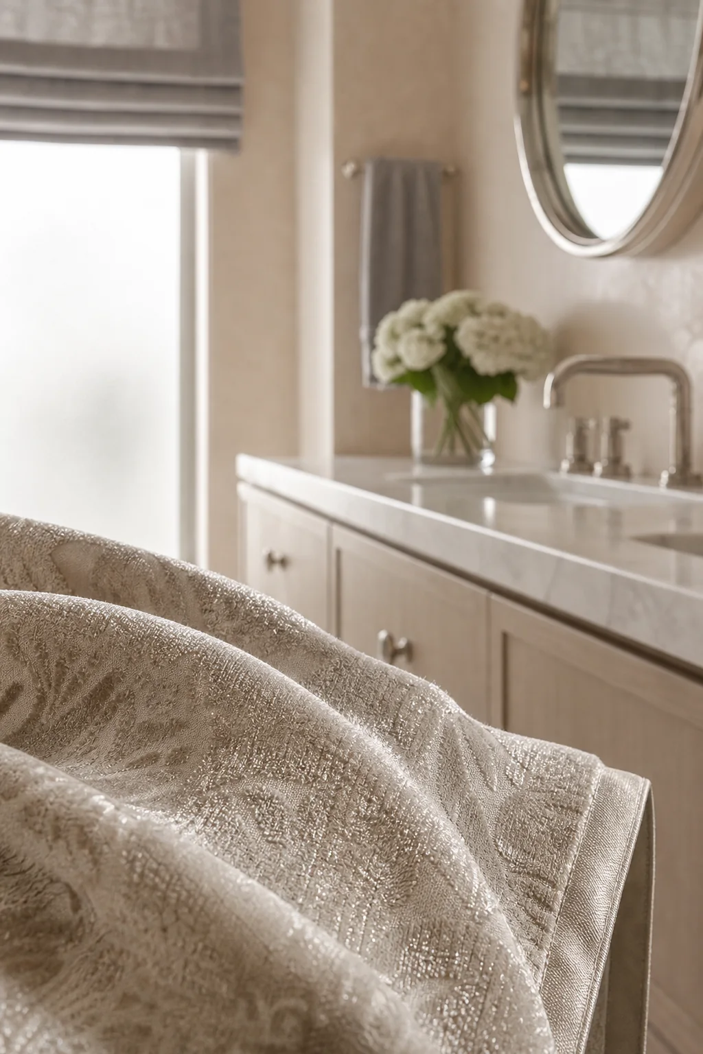 Balancing Champagne Warmth and Icy Silver in the finished en suite bathroom