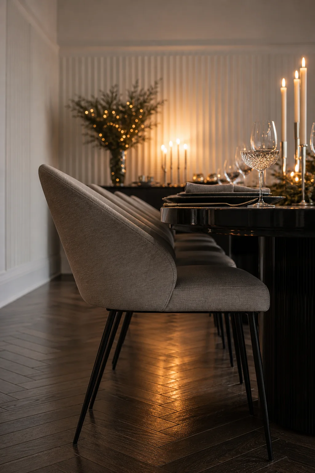Warming the icy contrast in the finished Christmas dining room
