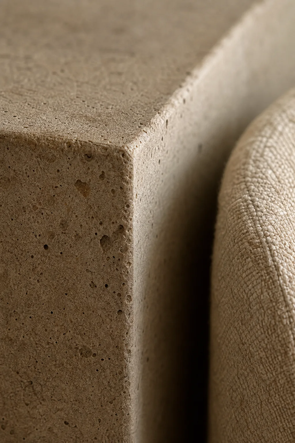 The porous edge of honed stone in the finished dining room