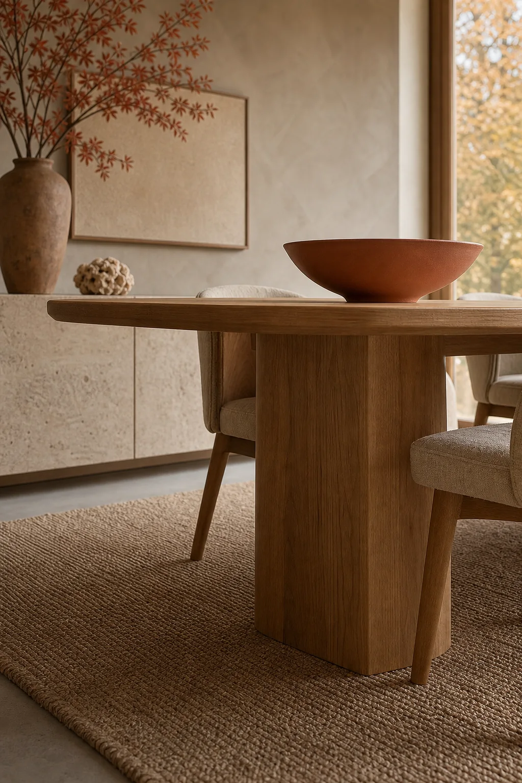 A focal point in pale terracotta in the finished dining room