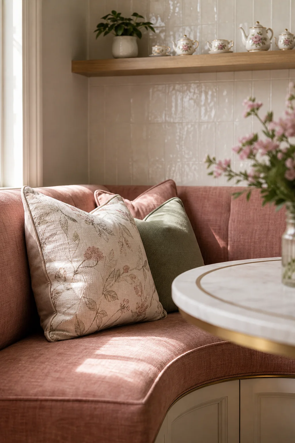 Faded rose and unlacquered brass in the finished eat in kitchen