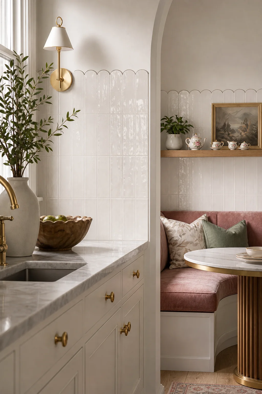 Glazed surfaces and scalloped borders in the finished eat in kitchen