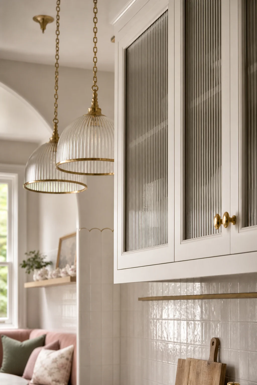 Fluted glass and heavy linen in the finished eat in kitchen