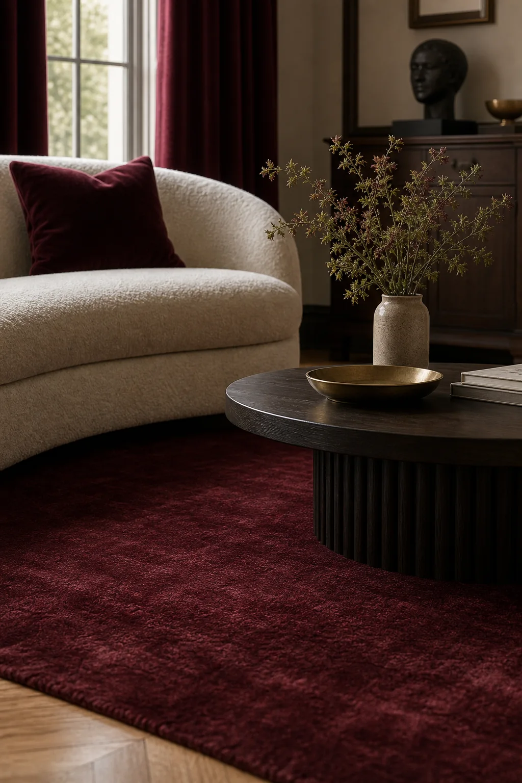 Anchoring with Deep Burgundy in the finished parlor