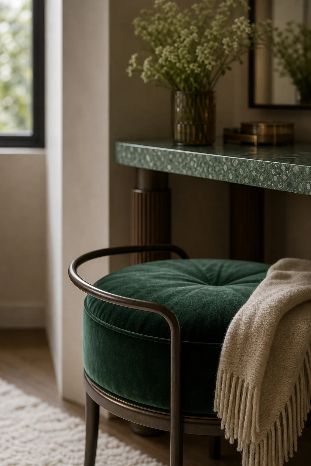 Translating Iridescent Glass into Jewel Tones in the finished bedroom vanity nook