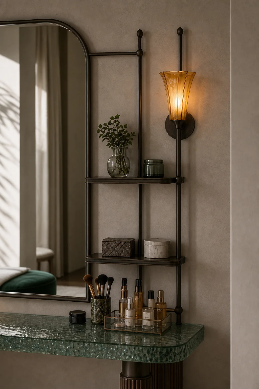 Framing the Alcove with Slender Bronze in the finished bedroom vanity nook