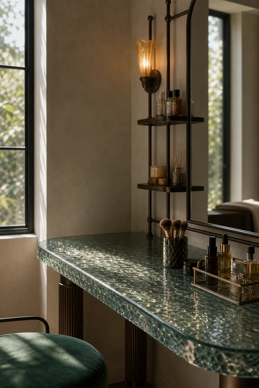 Diffusing Light Through Textured Glass in the finished bedroom vanity nook