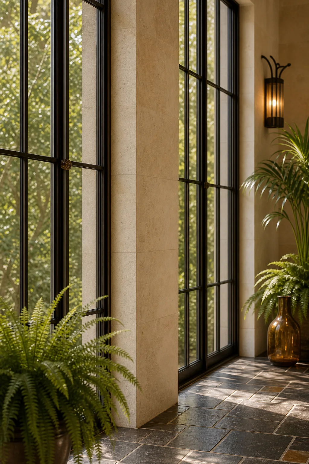 Framing the light with slender bronze in the finished indoor sunroom
