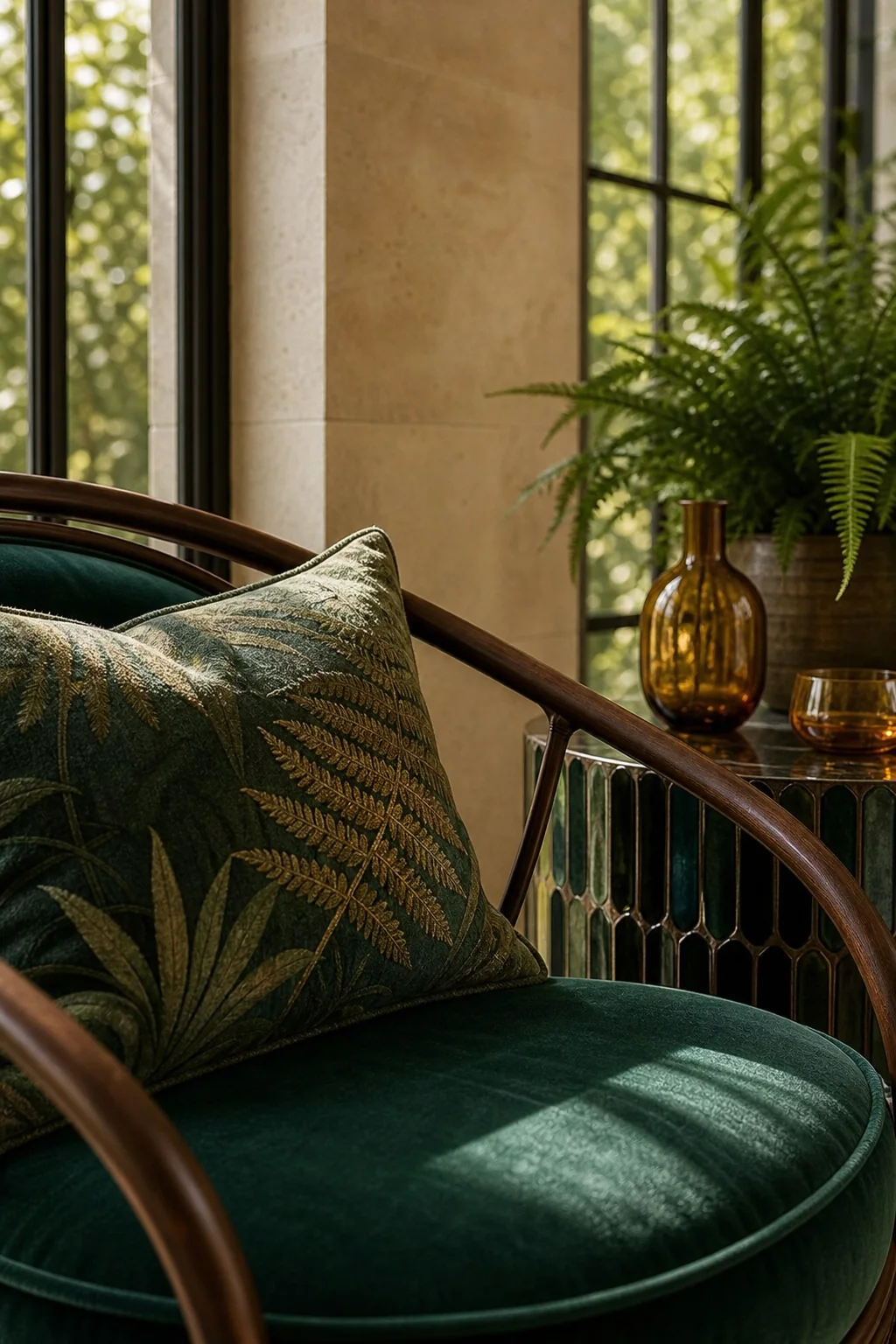 Grounding jewel tones in warm limestone in the finished indoor sunroom