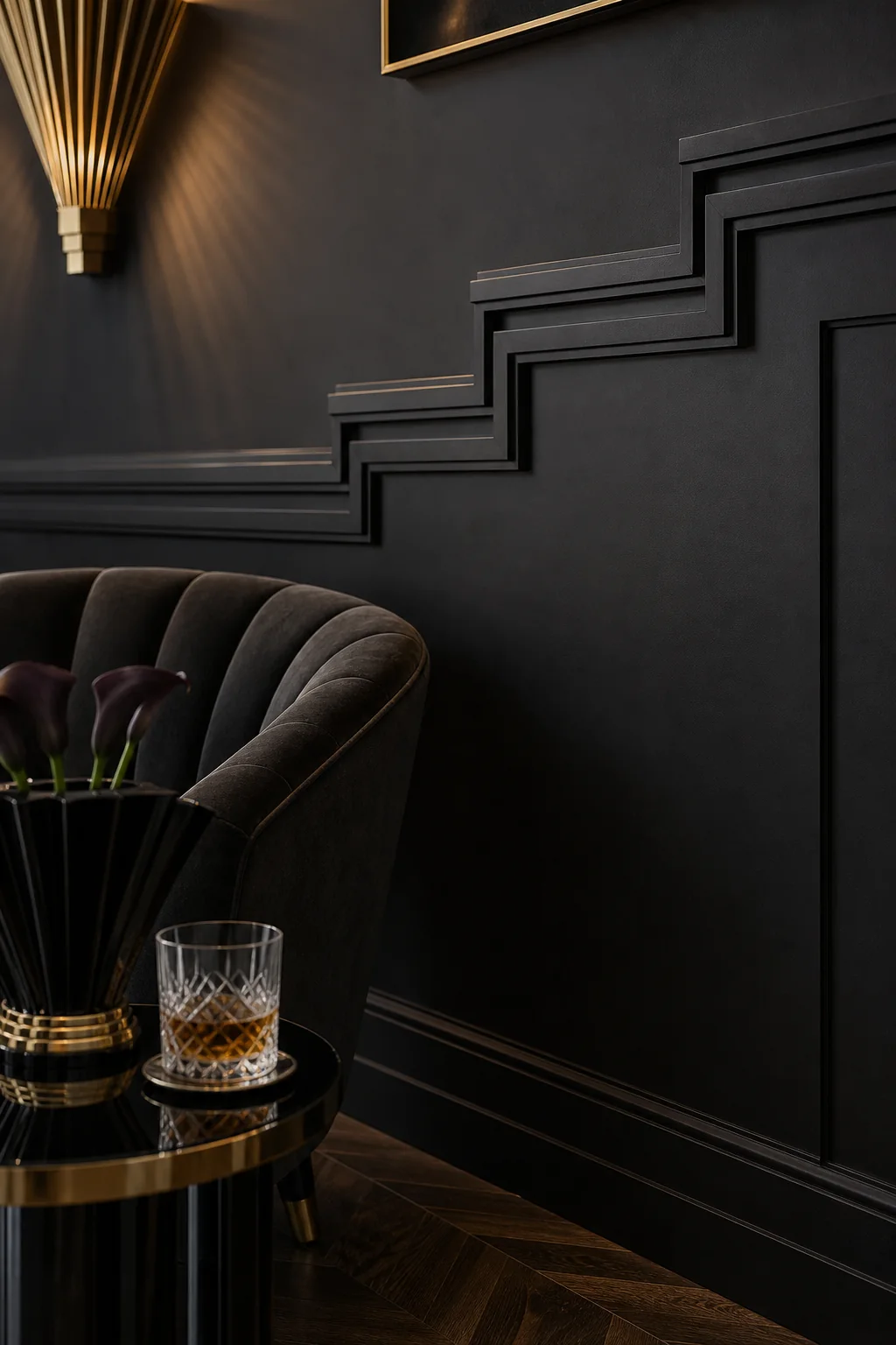 Grounding the room with stepped geometry in the finished whiskey lounge corner