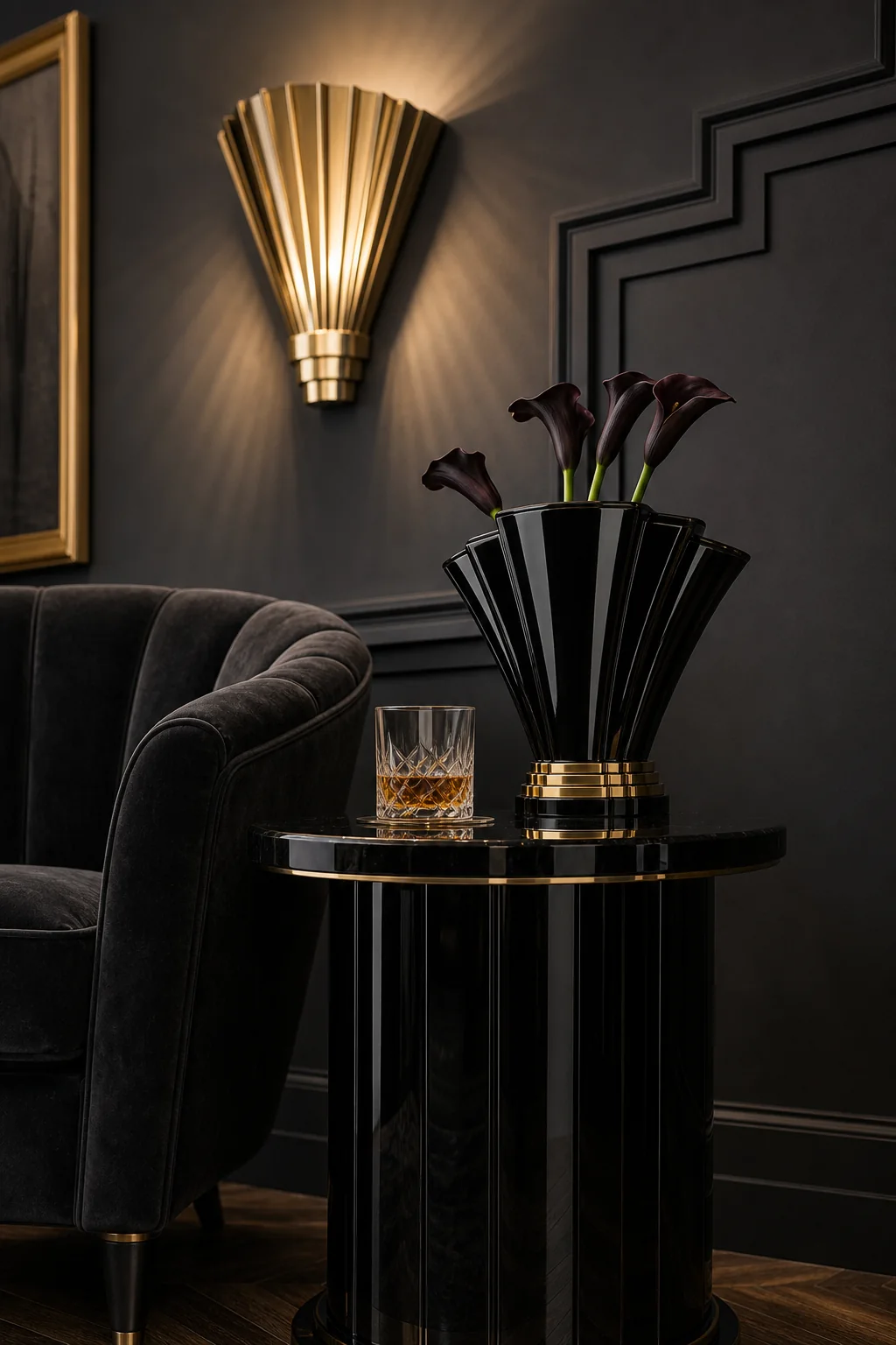 Contrasting matte velvet and high-gloss lacquer in the finished whiskey lounge corner