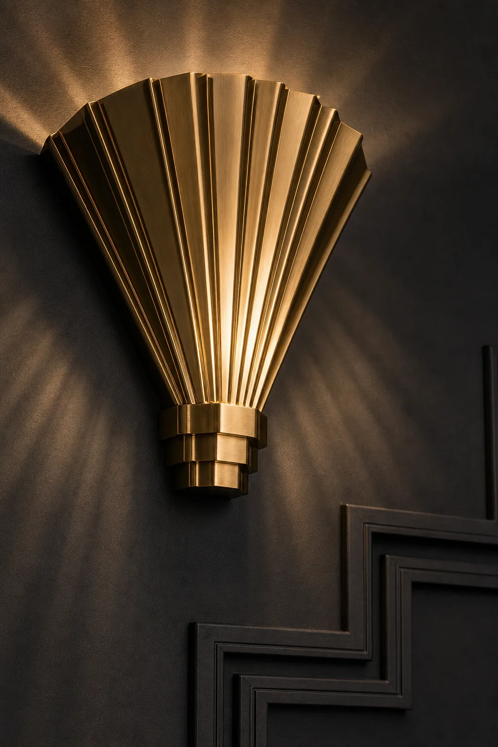 The pleated brass sconce in the finished whiskey lounge corner