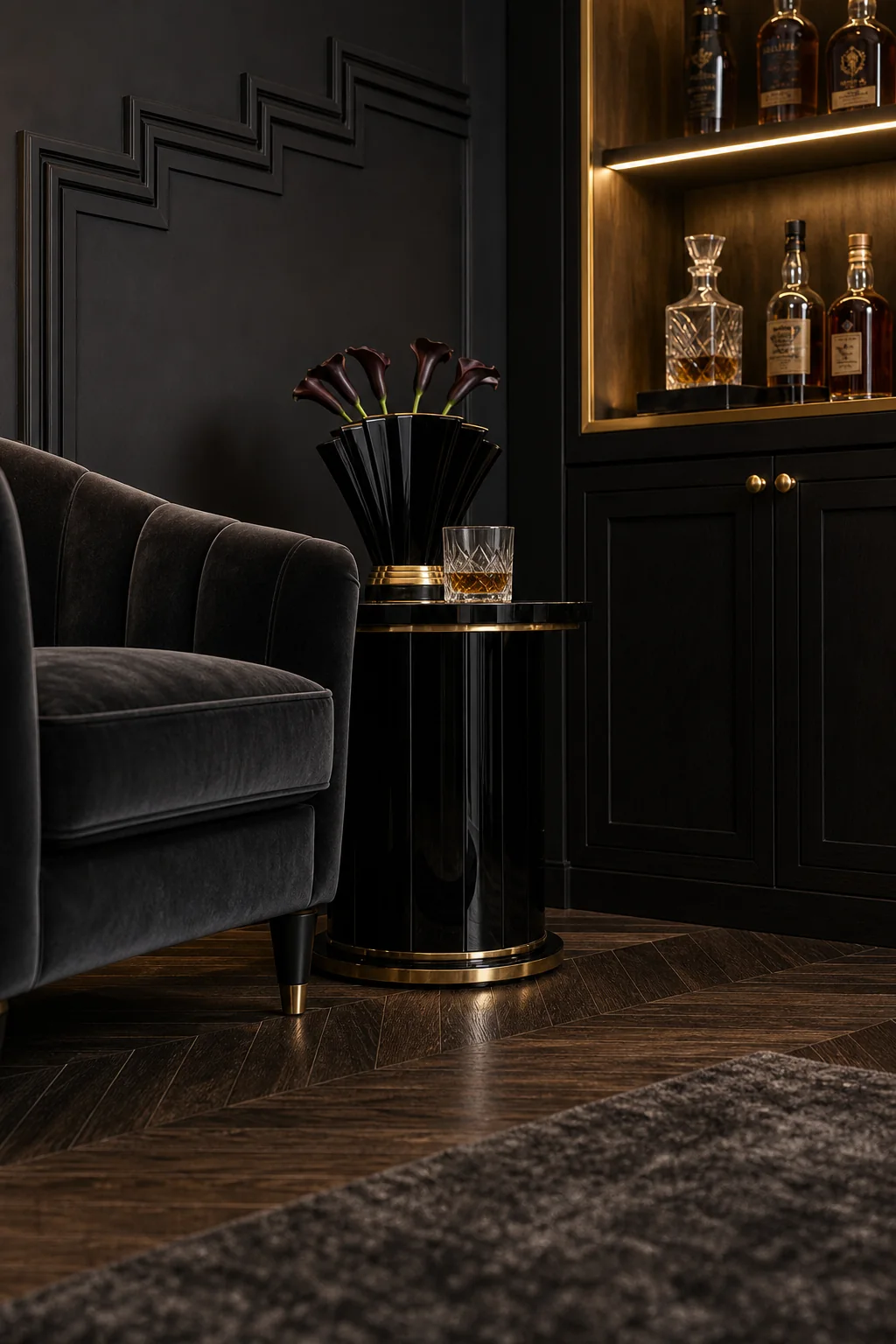 The recessed bottle alcove in the finished whiskey lounge corner