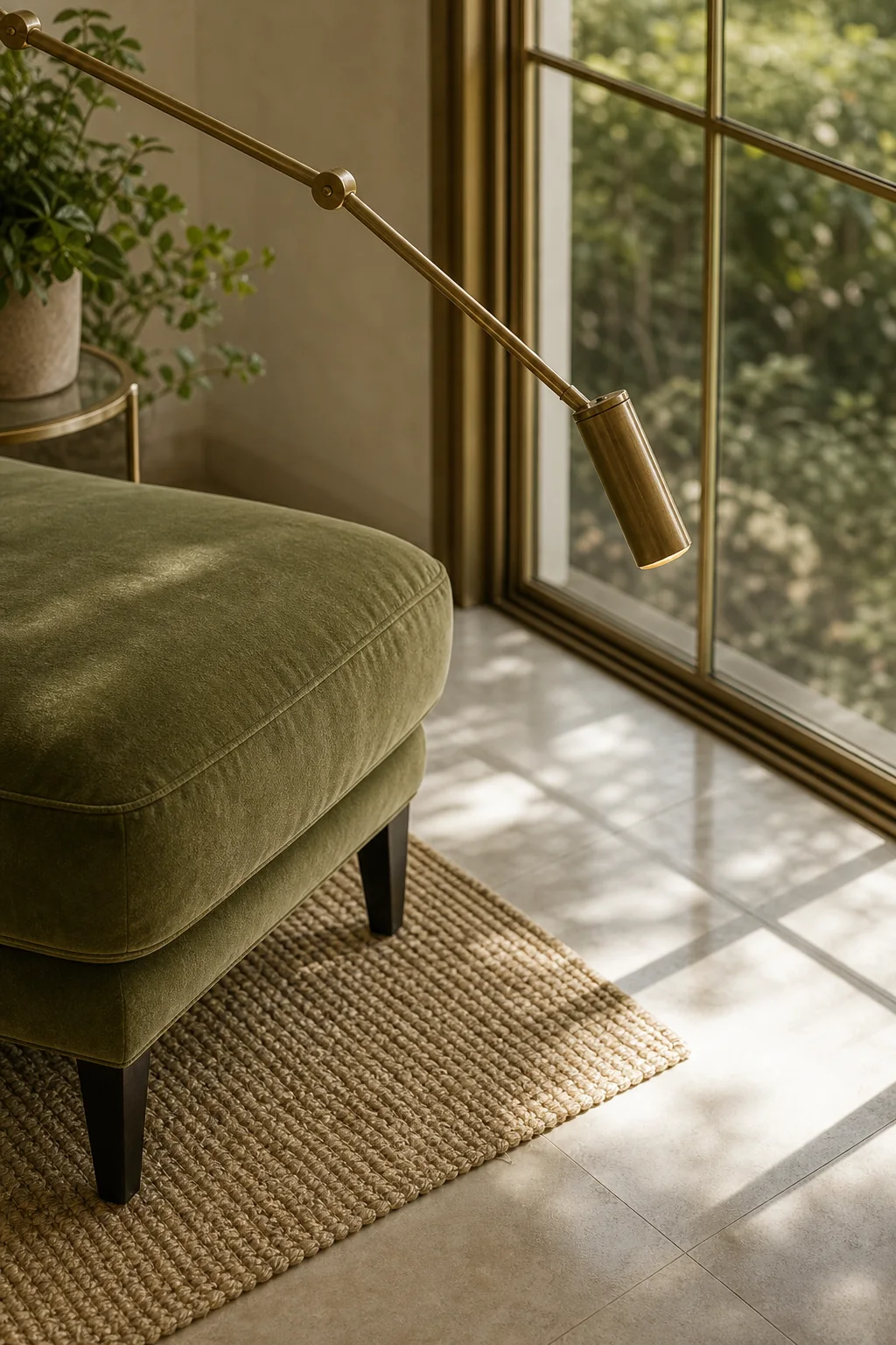 Layering Dry and Reflective Surfaces in the finished sunroom plant nook