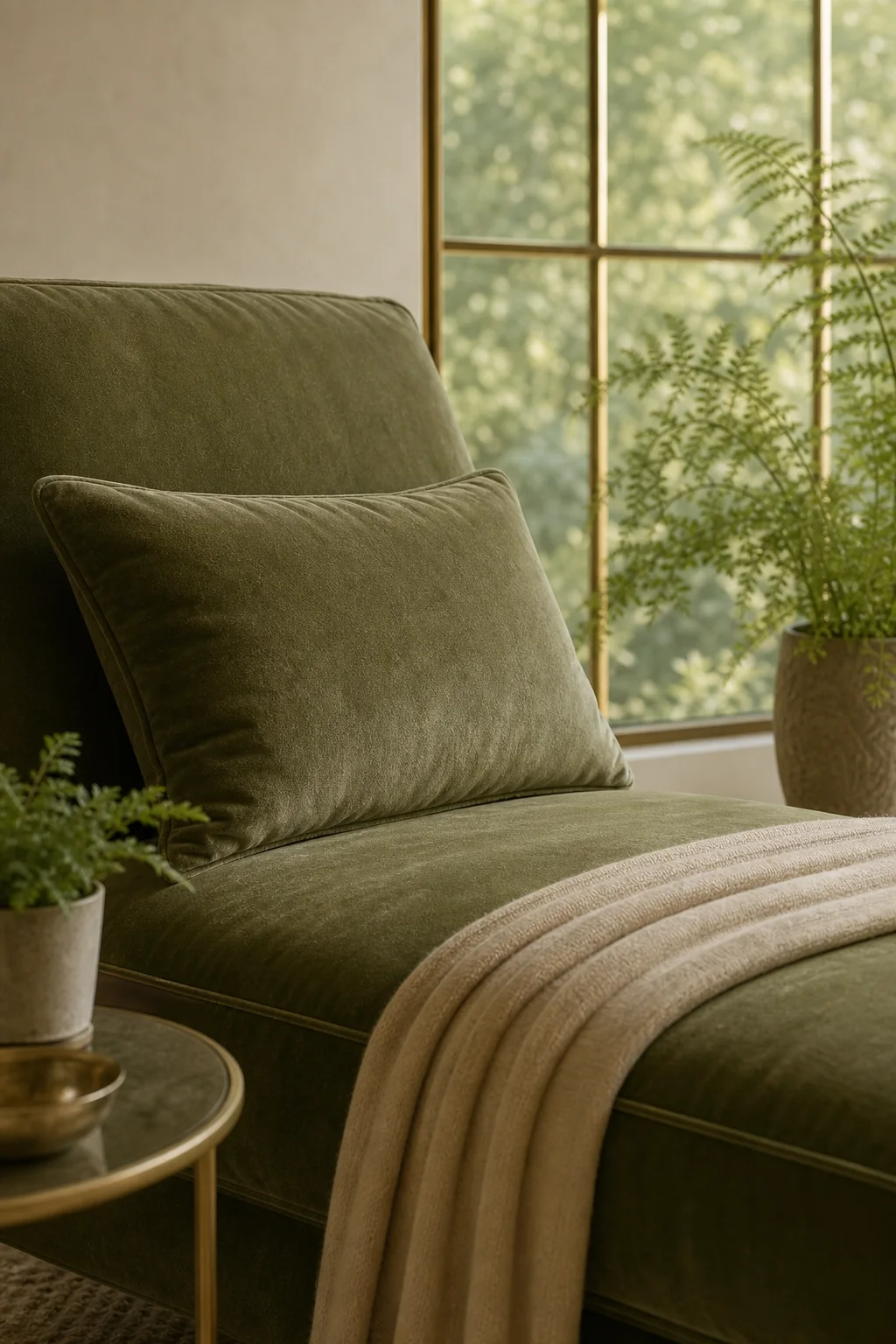 Grounding with Faded Olive in the finished sunroom plant nook