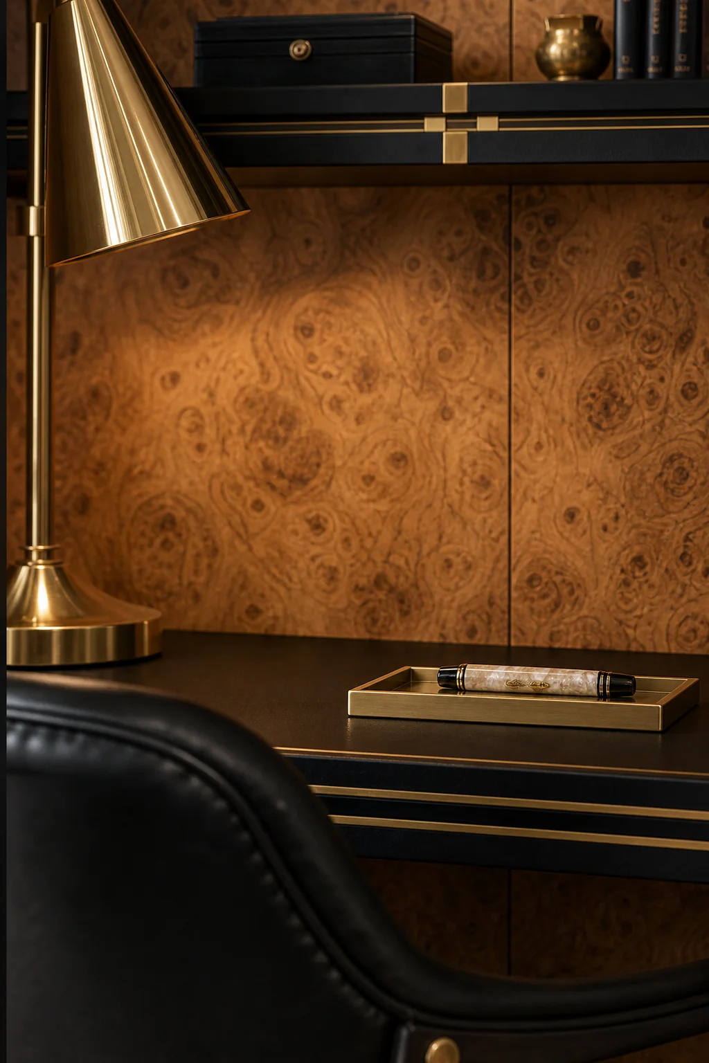 Translating marbled pearl into burled wood in the finished writing desk alcove