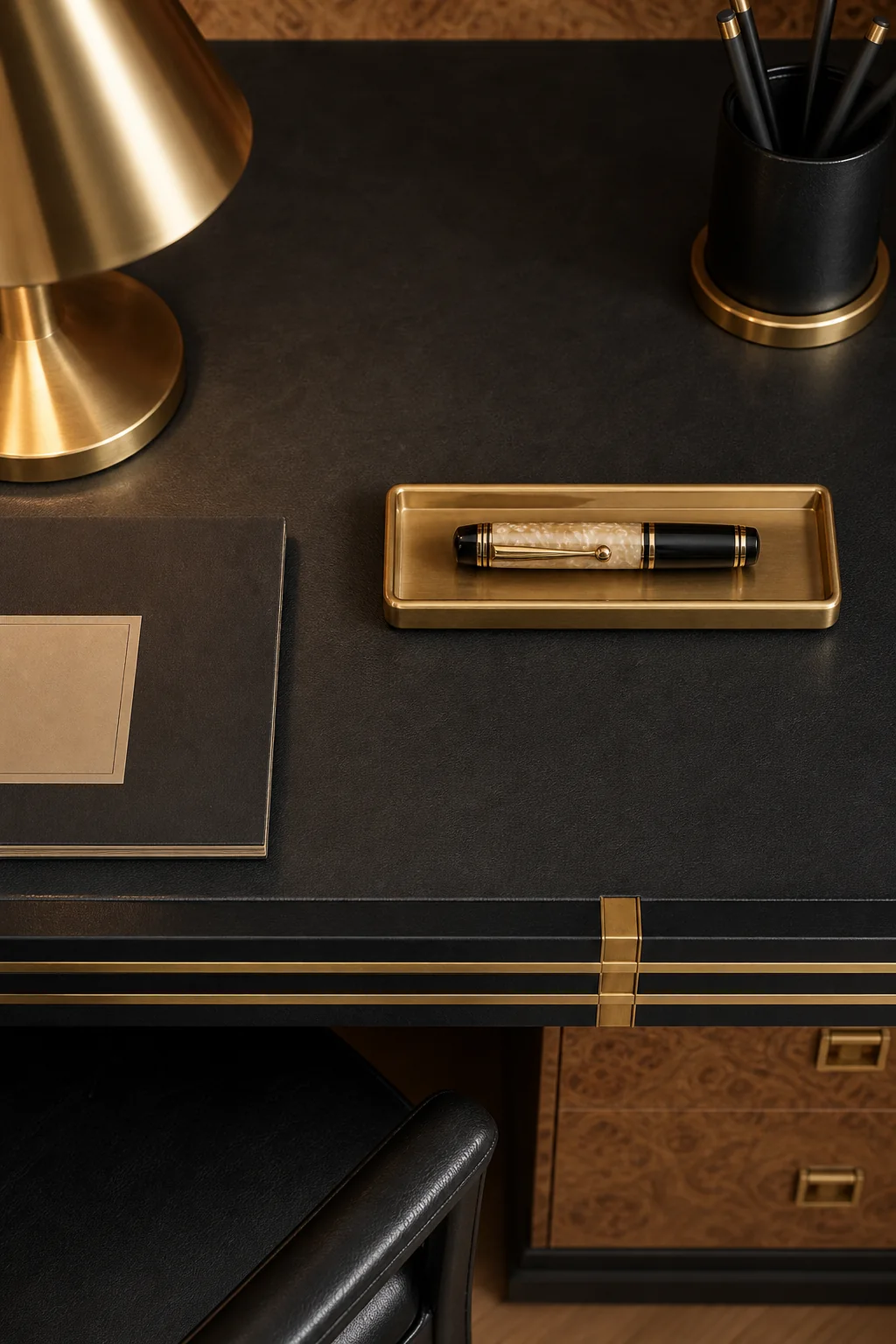 Pacing the alcove with metallic banding in the finished writing desk alcove