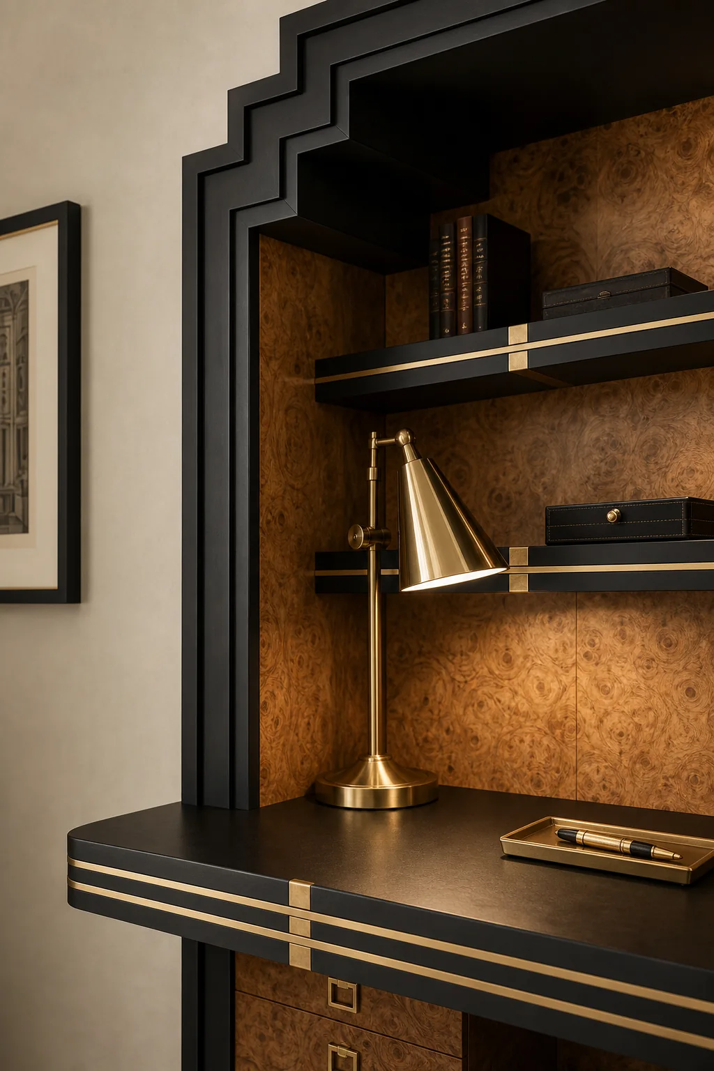 Framing the threshold with stepped geometry in the finished writing desk alcove