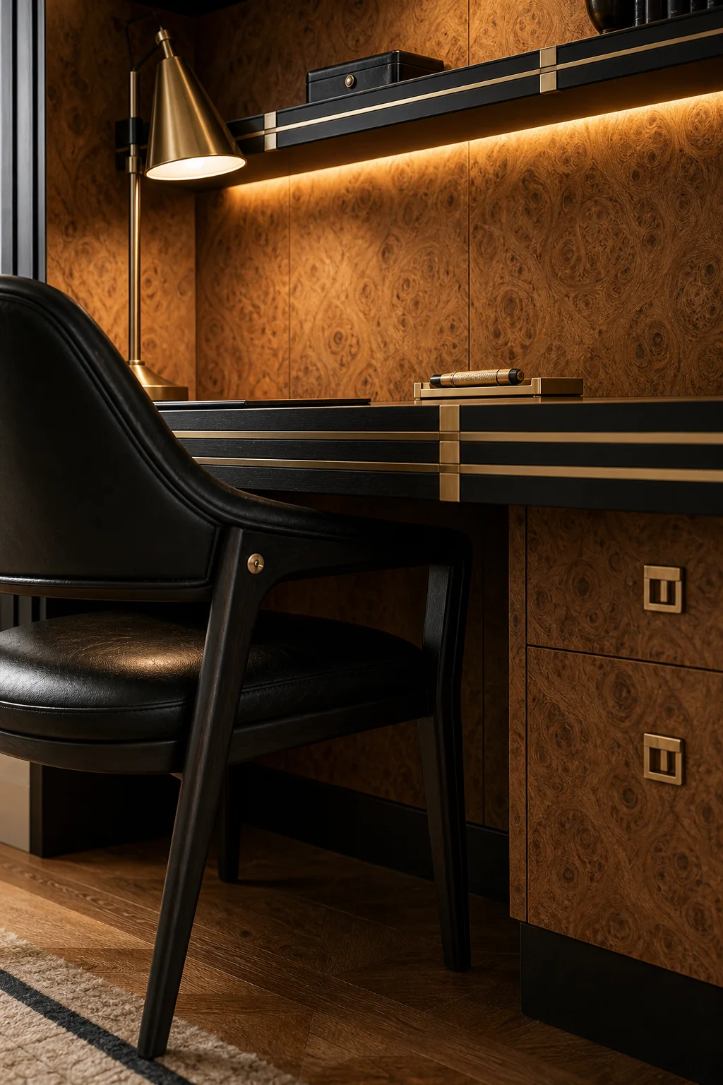 Warming the interior glow in the finished writing desk alcove